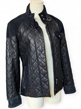 Rare VTG Coach Leatherware Single Rider quilted leather & suede jacket Navy